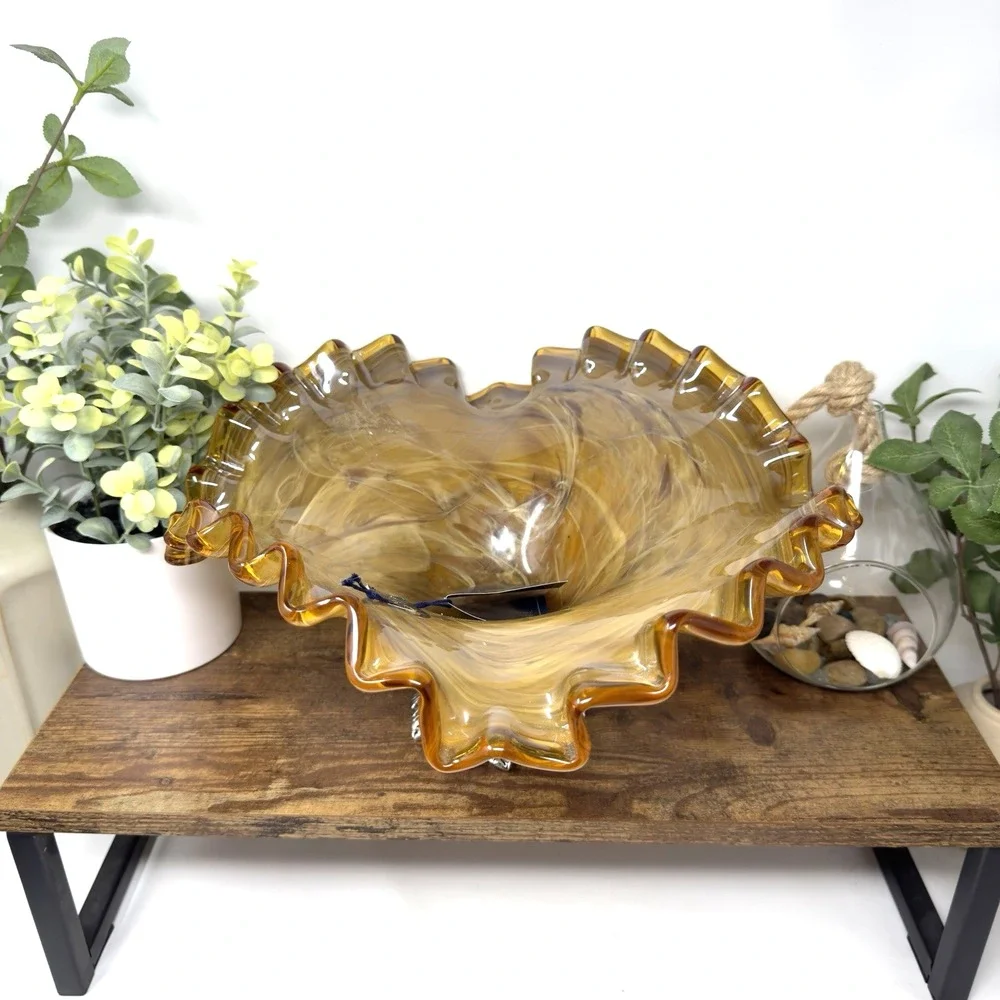 Murano Italy White Cristal Glass Bowl Tortoise Shell Table Centerpiece